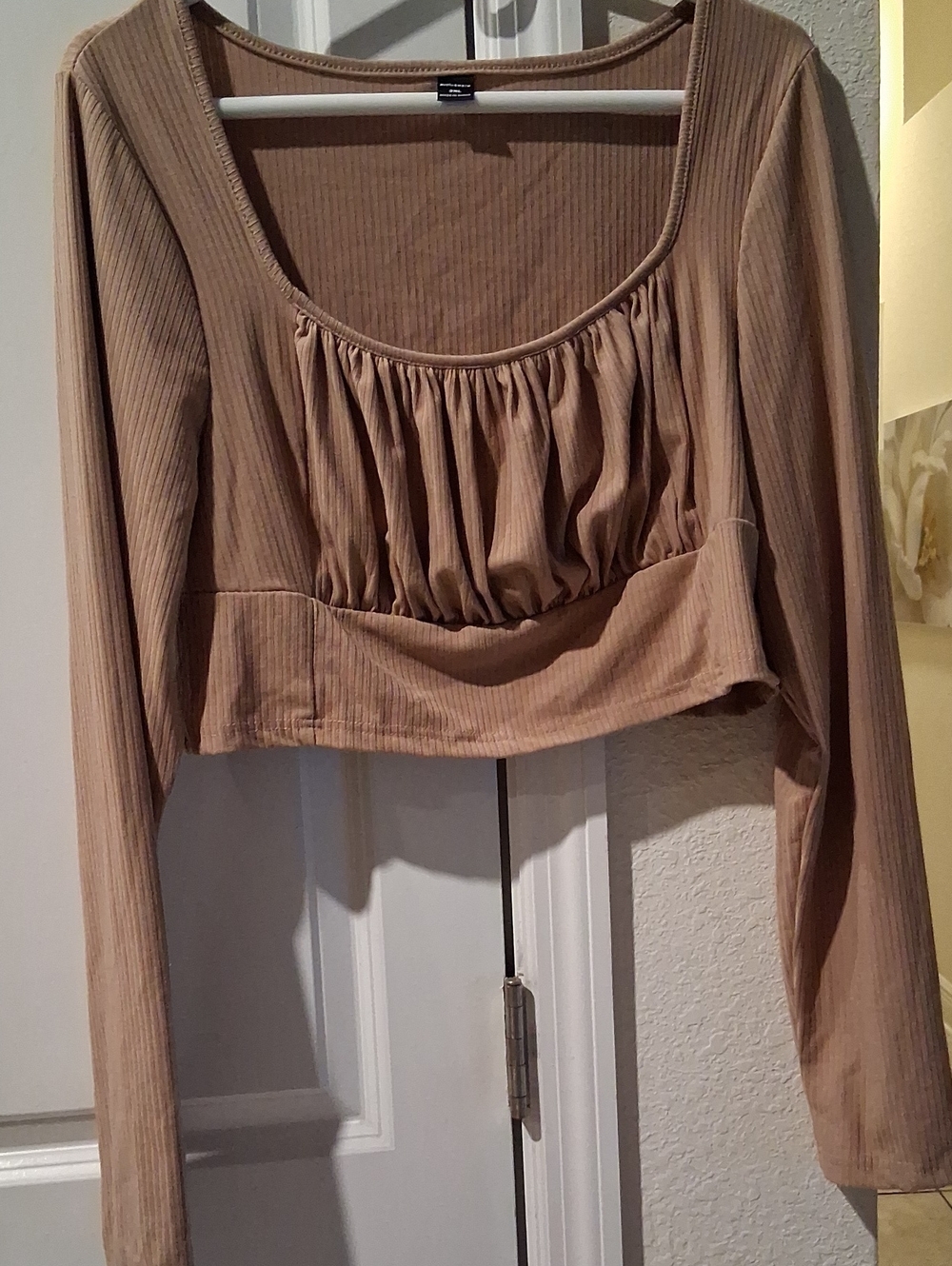 SHEIN Ruched Scoop-Neck Long Sleeve Crop Top - Taupe